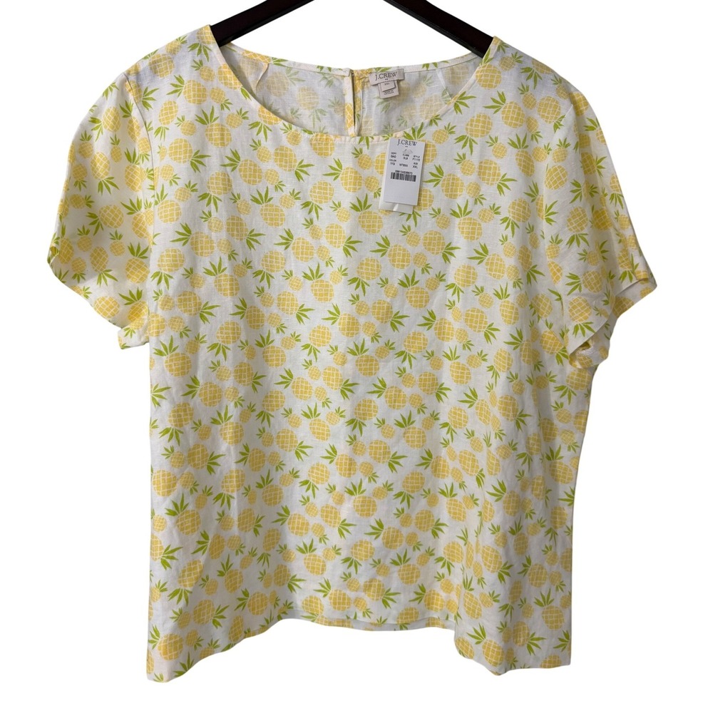 J. Crew XXL Pineapple Print Linen Cotton Short Sleeve Top F1172 White Yellow